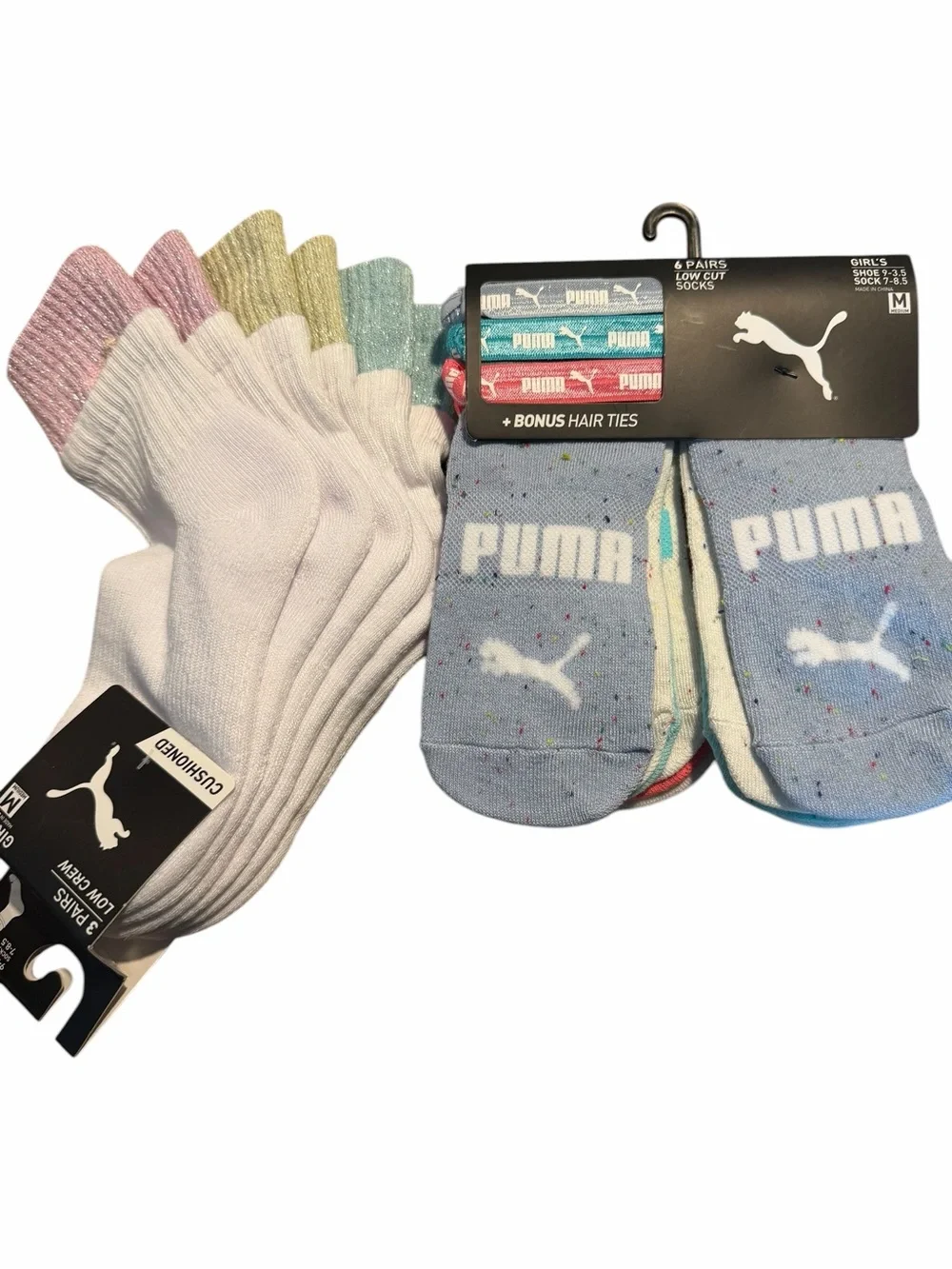Puma Girl’s Low Crew Socks (3 pack) Puma Low Cut (6 pack) 3 bonus hair ties